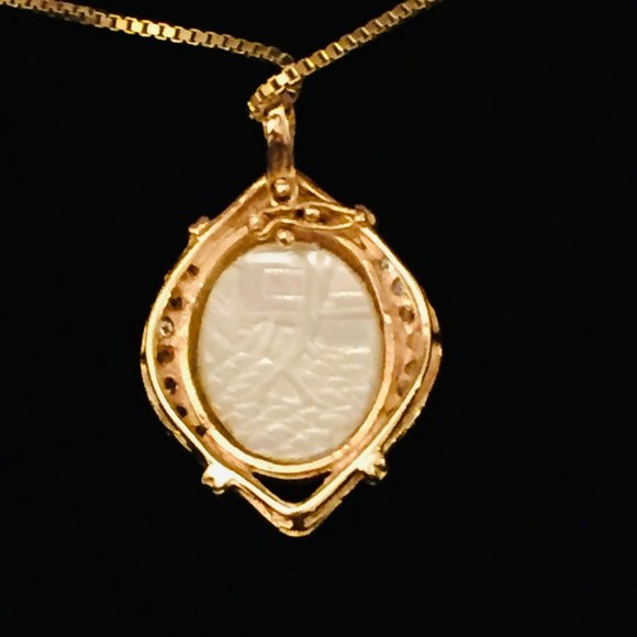14k Diamond Mother of Pearl Pendant Necklace Enhancer Portrait Landscape MOP Vtg - Picture 11 of 14